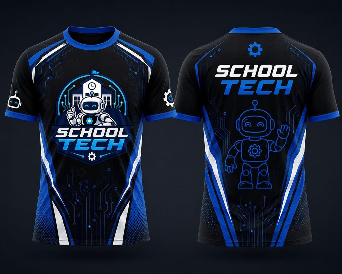 Arte do uniforme da equipe School Tech, preto e azul com o robô da logomarca